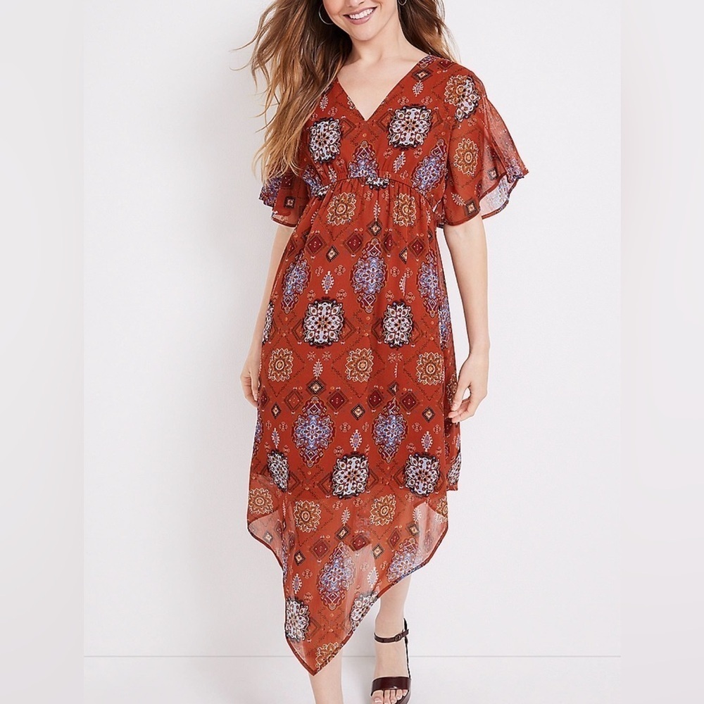NWT Maurices Medallion Midi Womens V-neck Dress Sz L Flowy Romantic Summery